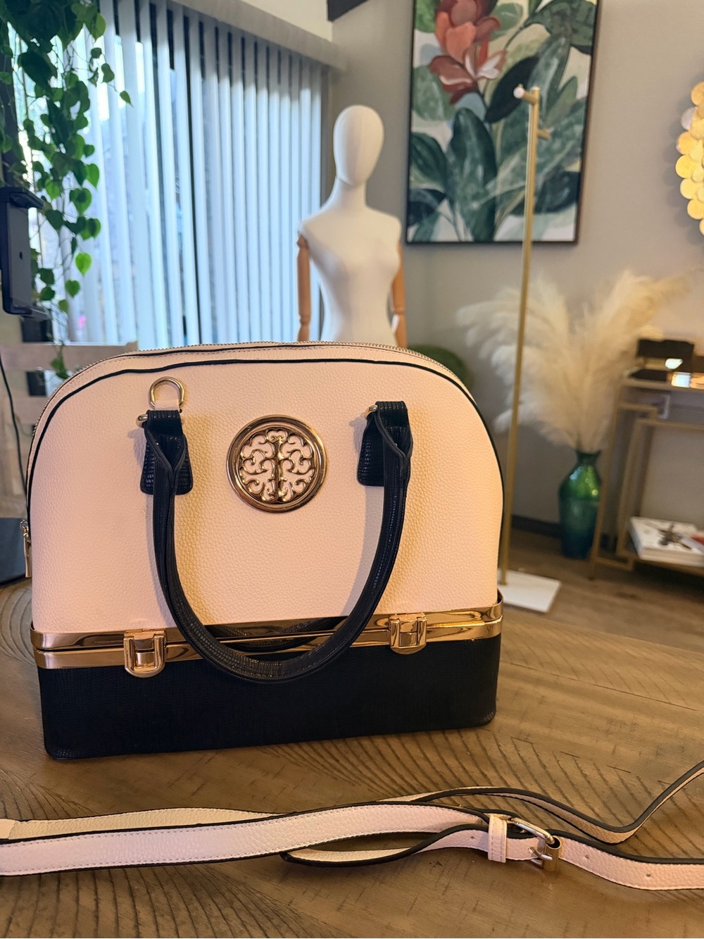 Women’s Two-Tone Pink and Black Structured Satchel with Gold Hardware - Picture 1 of 12